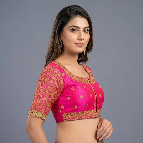 Pink_Silk_Crop_Round_Neck_Padded_Blouse_For_Women