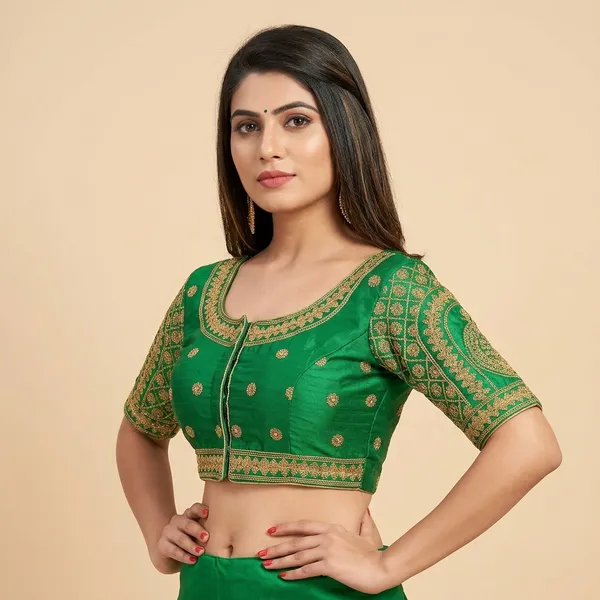 Green_Silk_Padded_Hook_Closure_Round_Neck_Blouse_For_Women