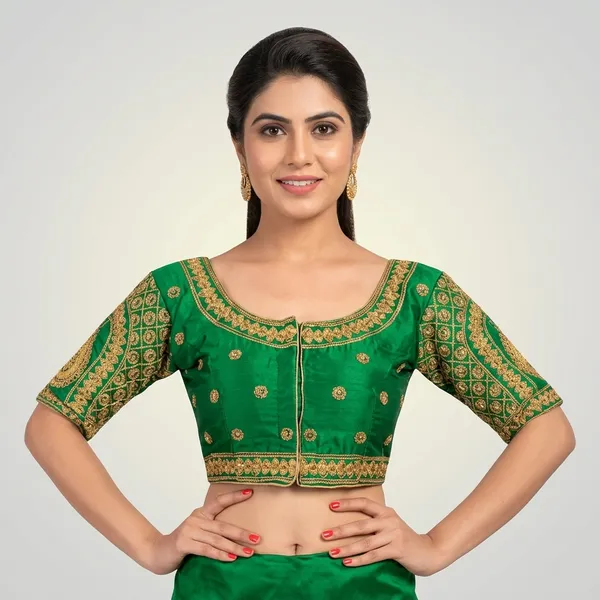 Green_Silk_Padded_Hook_Closure_Round_Neck_Blouse_For_Women