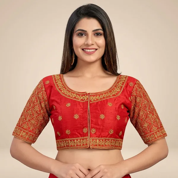 Red_Silk_Round_Neck_Embroidered_Blouse_For_Women
