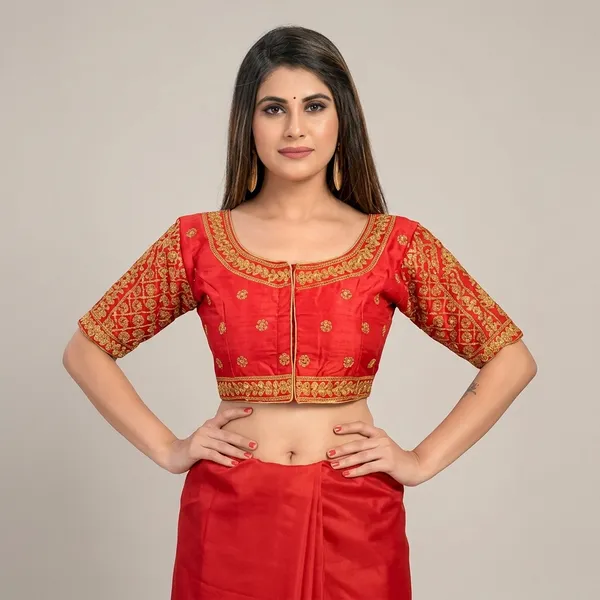 Red_Silk_Round_Neck_Embroidered_Blouse_For_Women