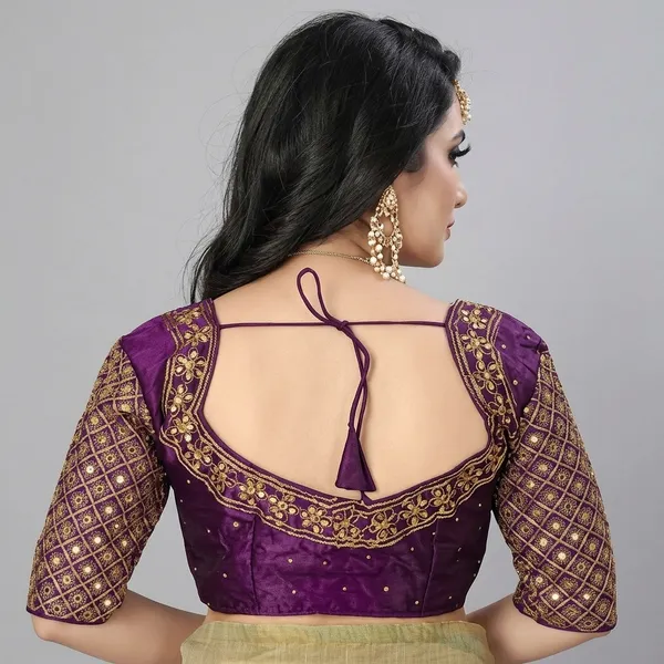 Violet_Silk_Three-Quarter_Sleeve_Round_Neck_Blouse_For_Women