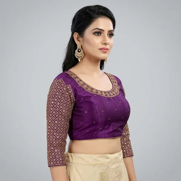Violet_Silk_Three-Quarter_Sleeve_Round_Neck_Blouse_For_Women