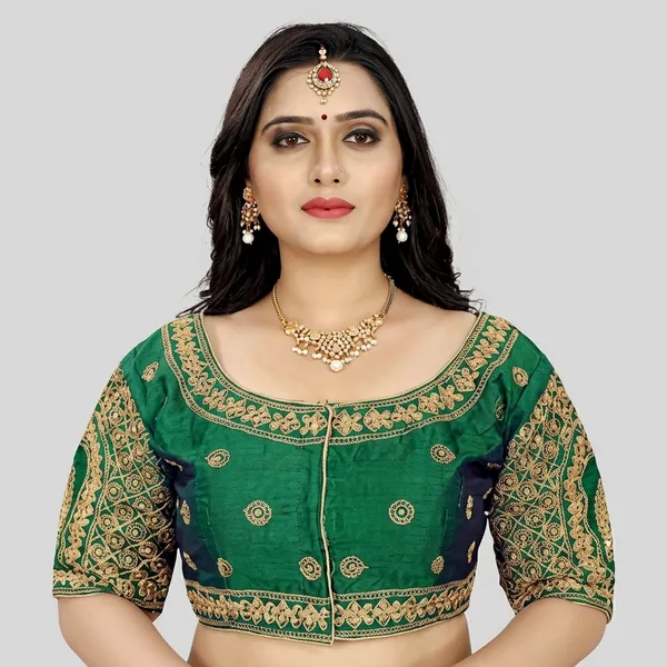 Green_Silk_Padded_Round_Neck_Blouse_For_Women