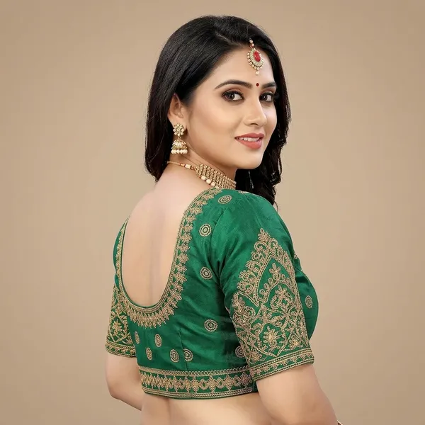 Green_Silk_Padded_Round_Neck_Blouse_For_Women