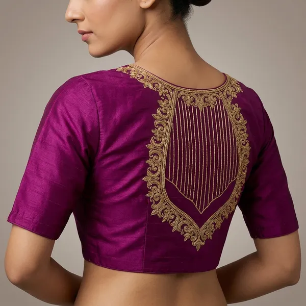 Purple_Silk_Padded_Round_Neck_Embroidered_Blouse_For_Women
