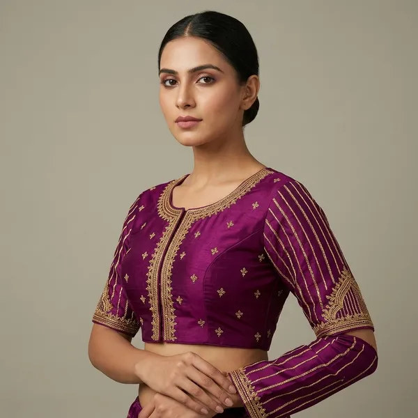 Purple_Silk_Padded_Round_Neck_Embroidered_Blouse_For_Women