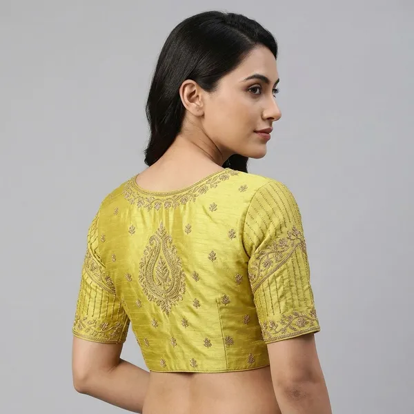 Yellow_Silk_Embroidered_Round_Neck_Blouse_For_Women