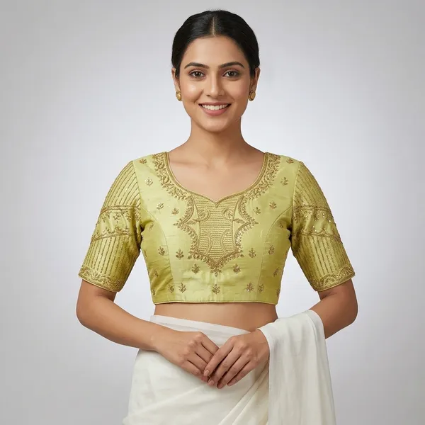 Yellow_Silk_Embroidered_Round_Neck_Blouse_For_Women