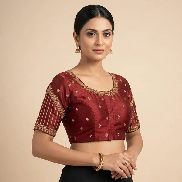 Maroon_Silk_Round_Neck_Padded_Blouse_For_Women
