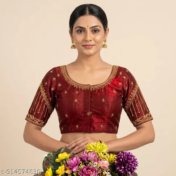 Maroon_Silk_Round_Neck_Padded_Blouse_For_Women