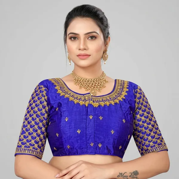 Blue_Silk_Padded_Round_Neck_Hook_Closure_Blouse_For_Women