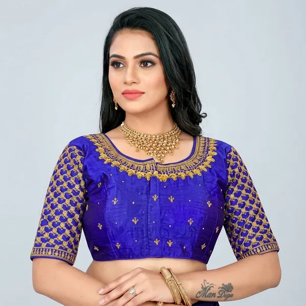 Blue_Silk_Padded_Round_Neck_Hook_Closure_Blouse_For_Women