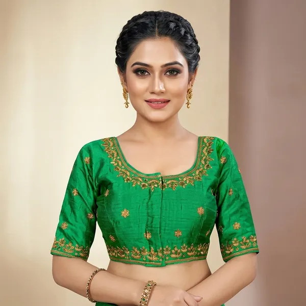 Green_Silk_Padded_Round_Neck_Gold_Work_Blouse_For_Women