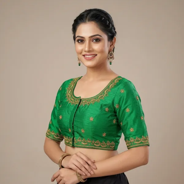 Green_Silk_Padded_Round_Neck_Gold_Work_Blouse_For_Women