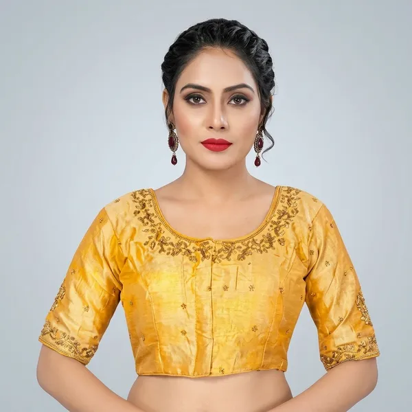 Yellow_Silk_Padded_Round_Neck_Blouse_For_Women