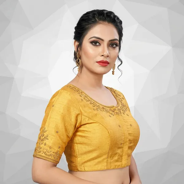 Yellow_Silk_Padded_Round_Neck_Blouse_For_Women