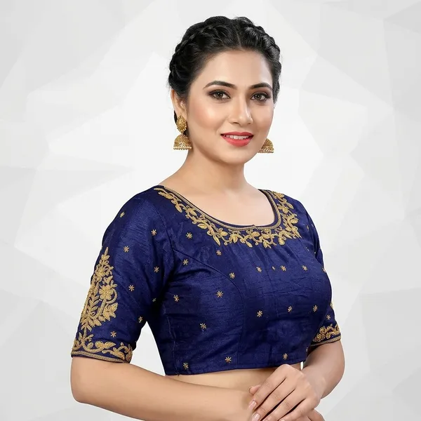Blue_Silk_Round_Neck_Embroidered_Blouse_For_Women
