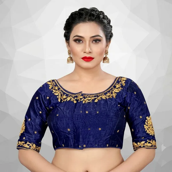 Blue_Silk_Round_Neck_Embroidered_Blouse_For_Women