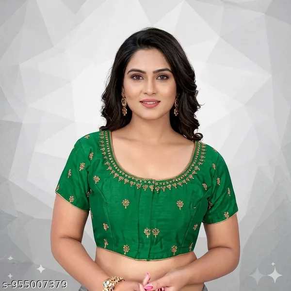 Green_Silk_Short_Sleeve_Round_Neck_Blouse_For_Women