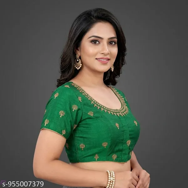 Green_Silk_Short_Sleeve_Round_Neck_Blouse_For_Women