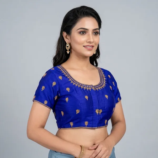 Blue_Silk_Padded_Round_Neck_Blouse_For_Women