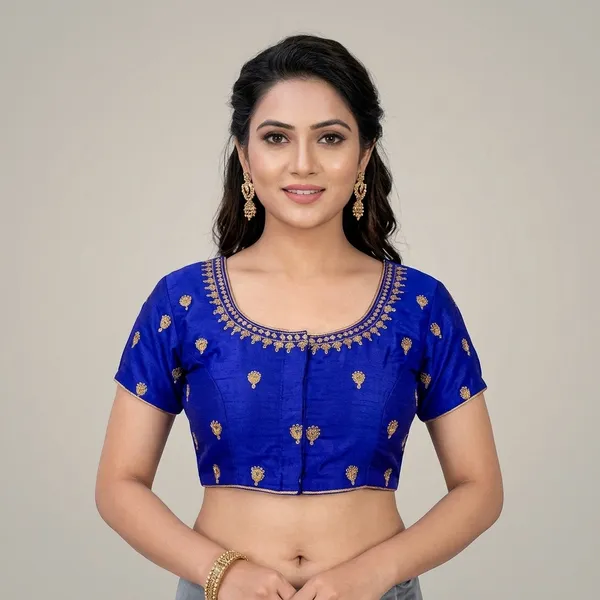 Blue_Silk_Padded_Round_Neck_Blouse_For_Women