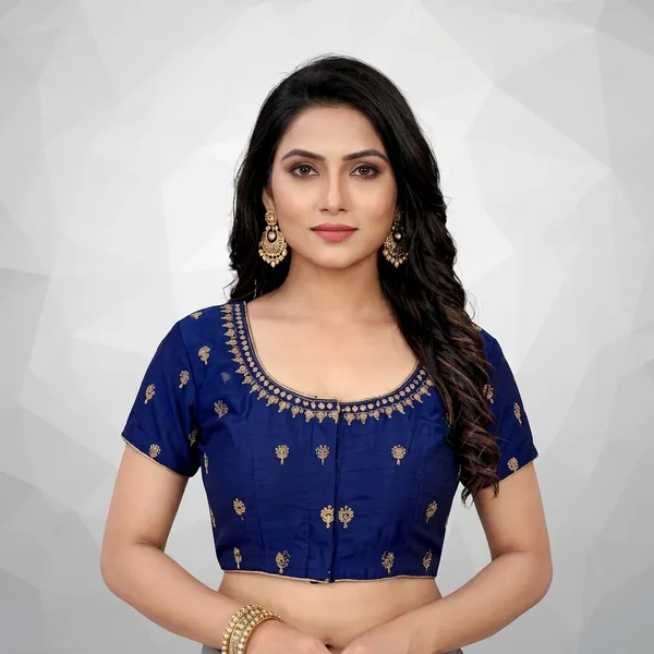 Blue_Silk_Padded_Round_Neck_Blouse_For_Women