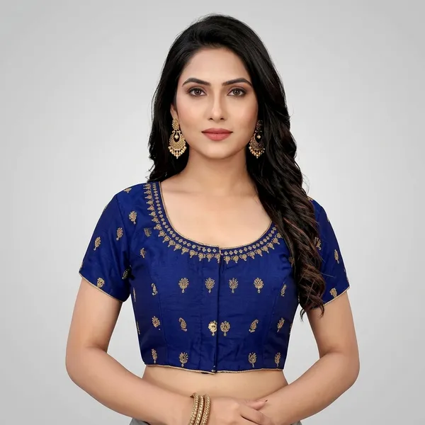 Blue_Silk_Padded_Round_Neck_Blouse_For_Women