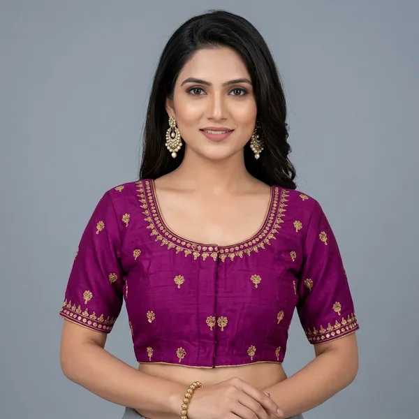 Purple_Silk_Padded_Hook_Closure_Round_Neck_Blouse_For_Women