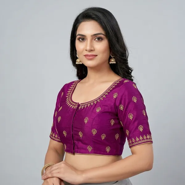Purple_Silk_Padded_Hook_Closure_Round_Neck_Blouse_For_Women
