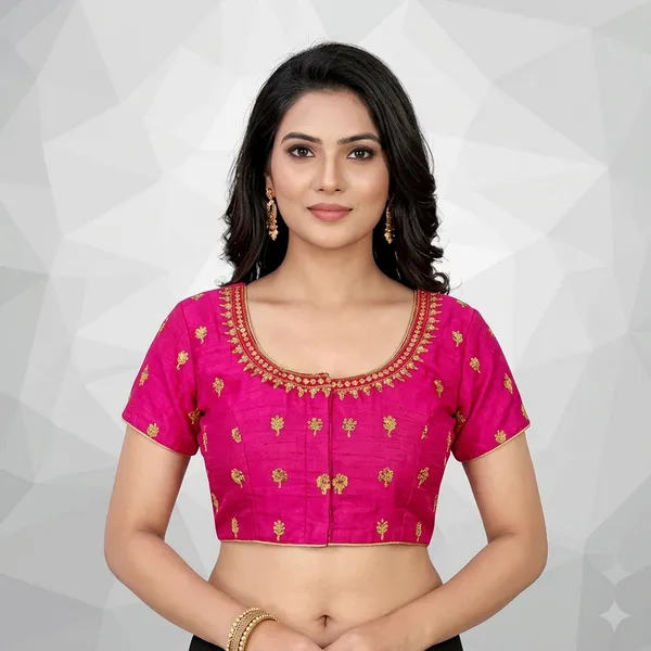 Pink_Silk_Round_Neck_Padded_Blouse_For_Women