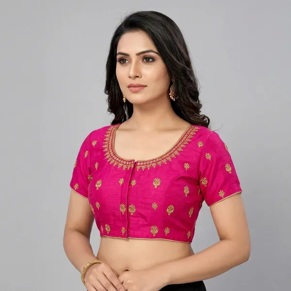 Pink_Silk_Round_Neck_Padded_Blouse_For_Women