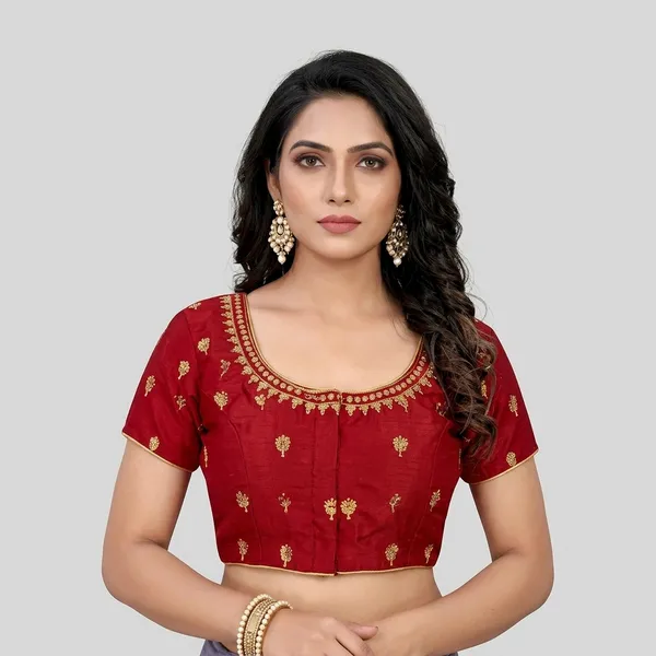 Red_Silk_Round_Neck_Padded_Blouse_For_Women