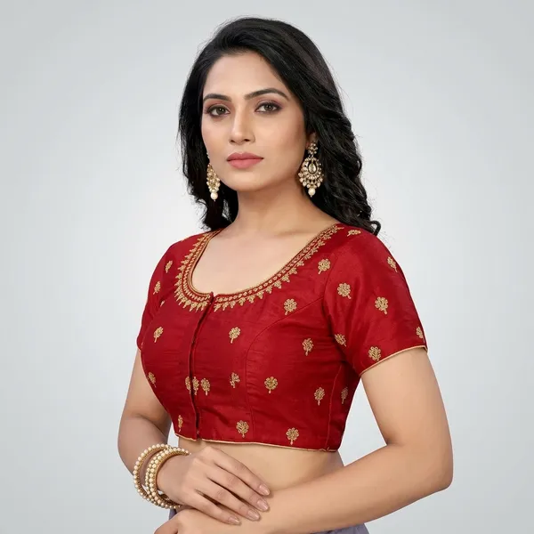 Red_Silk_Round_Neck_Padded_Blouse_For_Women