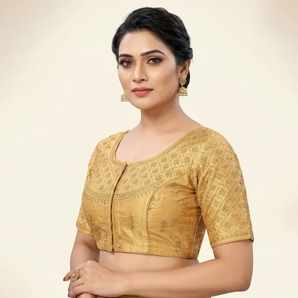 Gold_Silk_Padded_Hook_Closure_Round_Neck_Blouse_For_Women