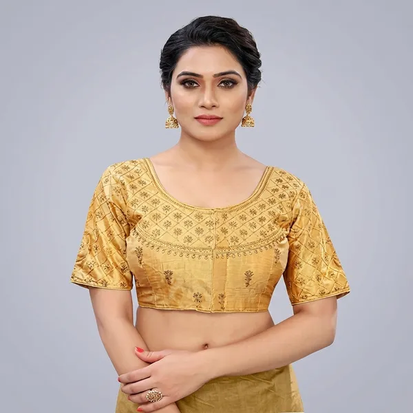 Gold_Silk_Padded_Hook_Closure_Round_Neck_Blouse_For_Women