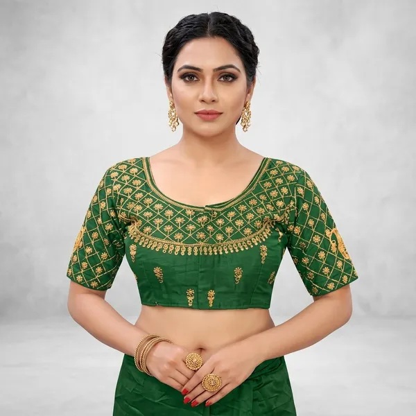 Green_Silk_Embroidered_Round_Neck_Padded_Blouse_For_Women