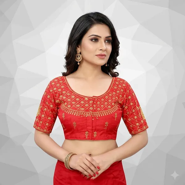 Red_Silk_Round_Neck_Padded_Blouse_For_Women
