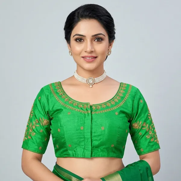 Green_Silk_Embroidered_Round_Neck_Blouse_For_Women