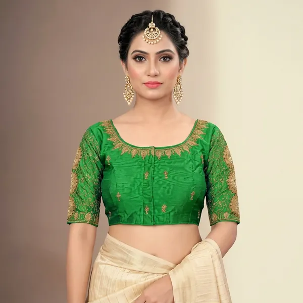 Green_Silk_Padded_Embroidered_Round_Neck_Blouse_For_Women