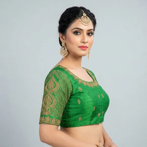 Green_Silk_Padded_Embroidered_Round_Neck_Blouse_For_Women