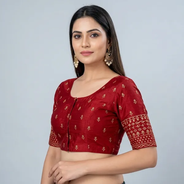 Red_Silk_Short_Sleeve_Embroidery_Blouse_For_Women