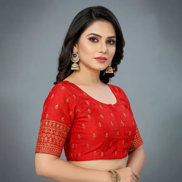 Red_Silk_Embroidered_Round_Neck_Padded_Blouse_For_Women