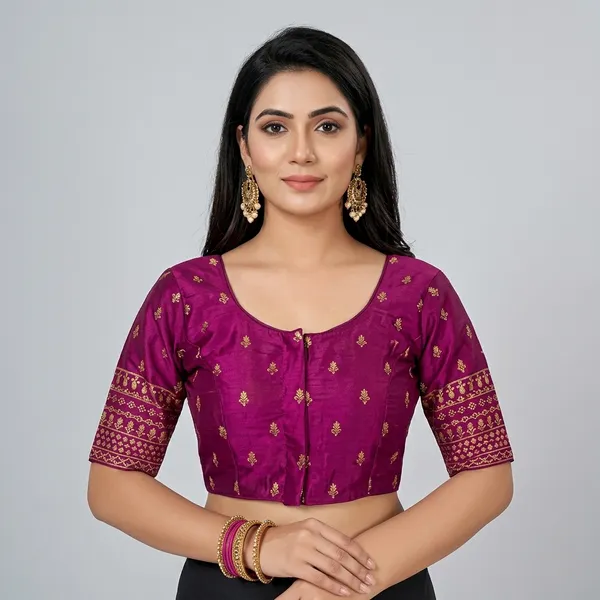 Purple_Silk_Non-Padded_Round_Neck_Hook_Closure_Blouse_For_Women