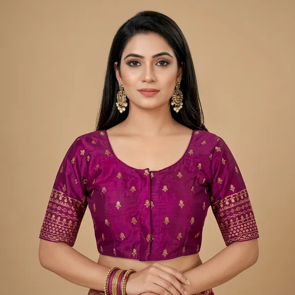 Purple_Silk_Non-Padded_Round_Neck_Hook_Closure_Blouse_For_Women