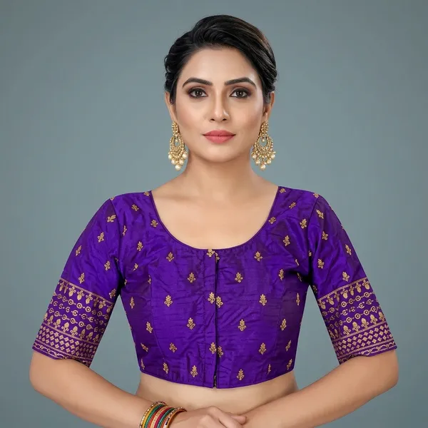 Purple_Silk_Non-Padded_Round_Neck_Embroidered_Blouse_For_Women