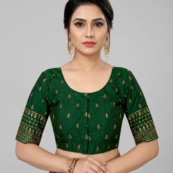 Green_Silk_Padded_Round_Neck_Embroidered_Blouse_For_Women