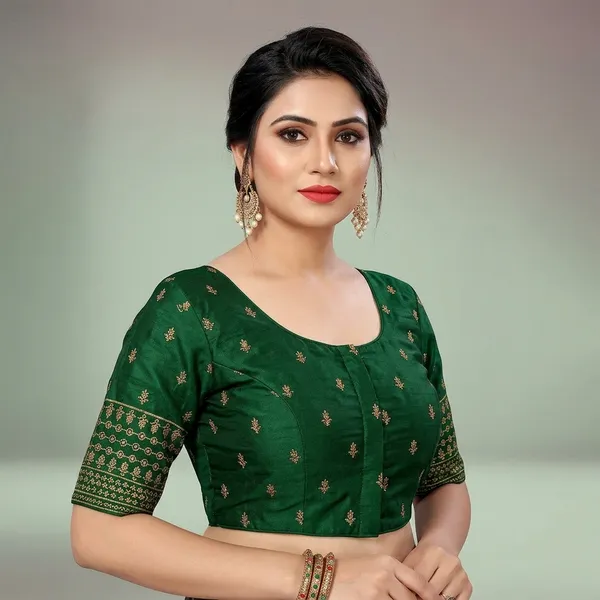 Green_Silk_Padded_Round_Neck_Embroidered_Blouse_For_Women
