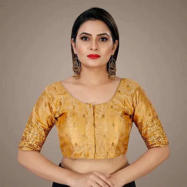 Gold_Silk_Padded_Round_Neck_Embroidered_Blouse_For_Women